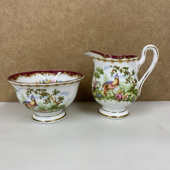 Royal Albert Creamer & Open Sugar Chelsea Bird Maroon Multicolor w/Gold 1940's - Picture 1 of 14